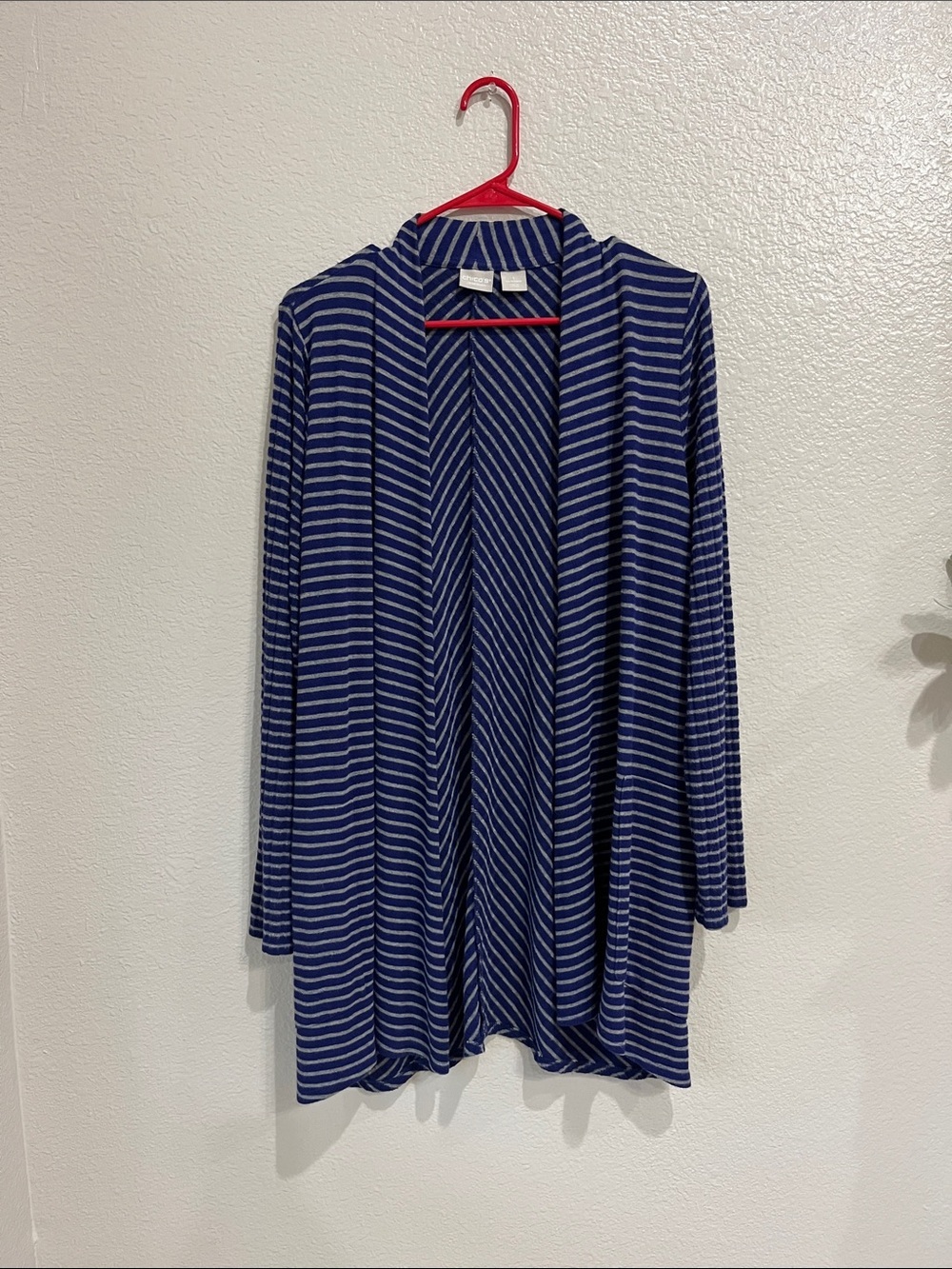 Chico's Navy Silver Striped Knit Open Cardigan Sz M Office Casual